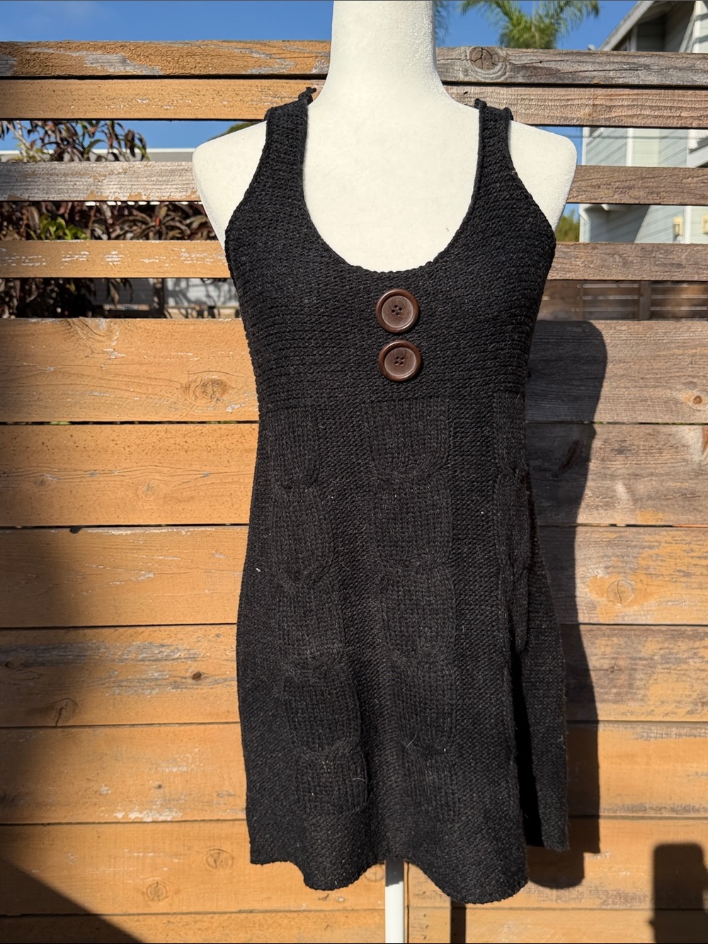 Black Knit Tank Wool Blend Dress with Button Detail